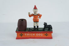 Load image into Gallery viewer, Trick Dog Cast Iron Mechanical Bank Clown Barrel Coin Bank