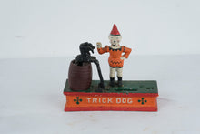 Load image into Gallery viewer, Trick Dog Cast Iron Mechanical Bank Clown Barrel Coin Bank