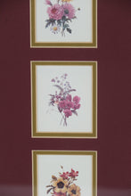 Load image into Gallery viewer, Modern Triple Floral Print Wall Art – 8.5" x 15.25" Gold Frame with Burgundy Mat