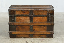 Load image into Gallery viewer, Antique Flat Top Wooden Steamer Trunk with Metal Banding – Rustic Storage Chest