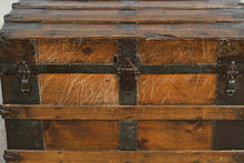 Load image into Gallery viewer, Antique Flat Top Wooden Steamer Trunk with Metal Banding – Rustic Storage Chest