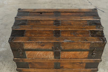 Load image into Gallery viewer, Antique Flat Top Wooden Steamer Trunk with Metal Banding – Rustic Storage Chest