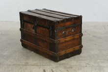 Load image into Gallery viewer, Antique Flat Top Wooden Steamer Trunk with Metal Banding – Rustic Storage Chest