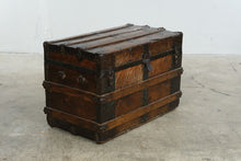 Load image into Gallery viewer, Antique Flat Top Wooden Steamer Trunk with Metal Banding – Rustic Storage Chest