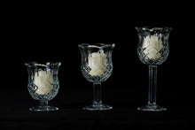 Load image into Gallery viewer, Tulip Stem Votive Candle Holder Set, Vintage 3 Piece HOMCO Home Interiors Pedestal Diamond Crystal Cut Glass Stemware