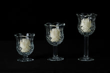 Load image into Gallery viewer, Tulip Stem Votive Candle Holder Set, Vintage 3 Piece HOMCO Home Interiors Pedestal Diamond Crystal Cut Glass Stemware