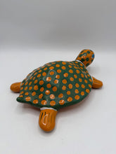 Load image into Gallery viewer, Mexican Folk Art Pottery Turtle Hand Painted Green Orange Spotted Ceramic Figurine