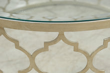 Load image into Gallery viewer, Round Pewter Metal and Glass Moroccan Trellis Coffee Table