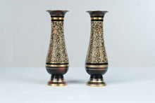 Load image into Gallery viewer, Pair of Vintage Brass Vases Black Gold Floral Engraved 7 Inch Made in India Style