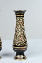 Load image into Gallery viewer, Pair of Vintage Brass Vases Black Gold Floral Engraved 7 Inch Made in India Style