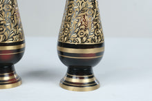 Load image into Gallery viewer, Pair of Vintage Brass Vases Black Gold Floral Engraved 7 Inch Made in India Style