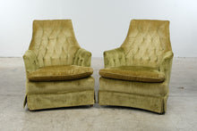 Load image into Gallery viewer, Pair of Vintage Green Velvet Tufted High Back Lounge Chairs