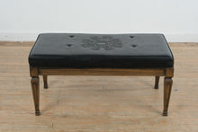Load image into Gallery viewer, Vintage Black Leather Upholstered Bench with Embossed Hotel Crest and Wood Base, Raleigh NC