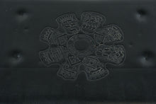 Load image into Gallery viewer, Vintage Black Leather Upholstered Bench with Embossed Hotel Crest and Wood Base, Raleigh NC