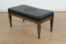 Load image into Gallery viewer, Vintage Black Leather Upholstered Bench with Embossed Hotel Crest and Wood Base, Raleigh NC