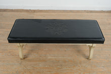 Load image into Gallery viewer, Vintage Black Vinyl Upholstered Bench with Velvet Cloak Raleigh NC Crest and Painted Wood Base