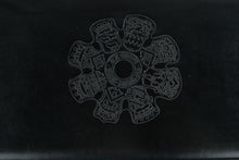 Load image into Gallery viewer, Vintage Black Vinyl Upholstered Bench with Velvet Cloak Raleigh NC Crest and Painted Wood Base