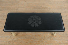 Load image into Gallery viewer, Vintage Black Vinyl Upholstered Bench with Velvet Cloak Raleigh NC Crest and Painted Wood Base