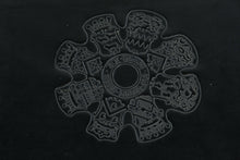 Load image into Gallery viewer, Vintage Black Vinyl Upholstered Bench with Velvet Cloak Raleigh NC Crest and Painted Wood Base