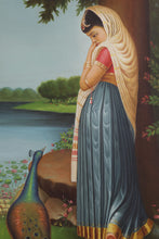 Load image into Gallery viewer, Virahini Radha Rani on the Banks of Yamuna with Peacock