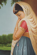 Load image into Gallery viewer, Virahini Radha Rani on the Banks of Yamuna with Peacock