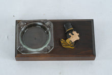 Load image into Gallery viewer, Wake Forest Demon Deacon Ashtray Wood Base Glass Insert Figural Vintage