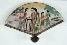 Load image into Gallery viewer, Hand-Painted Fan-Shaped Wall Plaque – Asian Figures & Landscape Scene, Gilded Crackle Glaze, 8" Wide