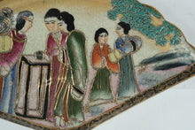 Load image into Gallery viewer, Hand-Painted Fan-Shaped Wall Plaque – Asian Figures & Landscape Scene, Gilded Crackle Glaze, 8" Wide