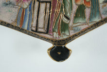 Load image into Gallery viewer, Hand-Painted Fan-Shaped Wall Plaque – Asian Figures & Landscape Scene, Gilded Crackle Glaze, 8" Wide
