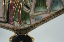 Load image into Gallery viewer, Hand-Painted Fan-Shaped Wall Plaque – Asian Figures & Landscape Scene, Gilded Crackle Glaze, 8" Wide