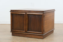 Load image into Gallery viewer, Walnut Finish MCM Style Square Storage Cabinet Sliding Door Accent Table 29x29x20