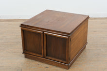 Load image into Gallery viewer, Walnut Finish MCM Style Square Storage Cabinet Sliding Door Accent Table 29x29x20