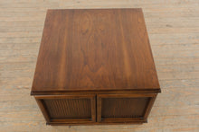 Load image into Gallery viewer, Walnut Finish MCM Style Square Storage Cabinet Sliding Door Accent Table 29x29x20