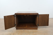Load image into Gallery viewer, Walnut Finish MCM Style Square Storage Cabinet Sliding Door Accent Table 29x29x20