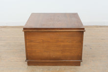 Load image into Gallery viewer, Walnut Finish MCM Style Square Storage Cabinet Sliding Door Accent Table 29x29x20