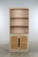 Load image into Gallery viewer, Coastal Washed Wood Bookcase with Woven Cane Cabinet Doors – 79 Inches