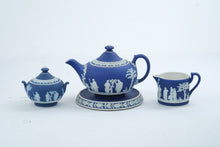 Load image into Gallery viewer, Vintage Wedgwood Dark Blue Jasperware Tea Set Teapot Sugar Creamer Stand 4 Pc