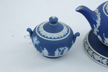 Load image into Gallery viewer, Vintage Wedgwood Dark Blue Jasperware Tea Set Teapot Sugar Creamer Stand 4 Pc