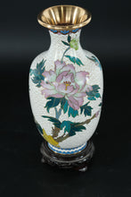 Load image into Gallery viewer, Chinese Cloisonné Vase with Lavender Peony Blooms & Bird Motif on White Cloud Ground – 9.5"