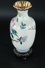 Load image into Gallery viewer, Chinese Cloisonné Vase with Lavender Peony Blooms & Bird Motif on White Cloud Ground – 9.5"