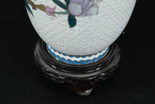 Load image into Gallery viewer, Chinese Cloisonné Vase with Lavender Peony Blooms & Bird Motif on White Cloud Ground – 9.5"
