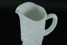 Load image into Gallery viewer, Milk Glass Footed Pitcher – Embossed Grape & Leaf Pattern, 8.5" Tall