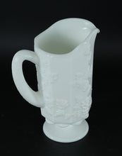 Load image into Gallery viewer, Milk Glass Footed Pitcher – Embossed Grape & Leaf Pattern, 8.5" Tall