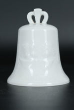 Load image into Gallery viewer, White Porcelain Christmas Bell 1973– Multilingual Holiday Message, Embossed Relief Scene, Crown Top