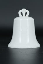 Load image into Gallery viewer, White Porcelain Christmas Bell 1973– Multilingual Holiday Message, Embossed Relief Scene, Crown Top