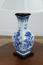 Load image into Gallery viewer, Blue and White Porcelain Vase Lamp – 24" Chinoiserie Table Lamp with Floral Design