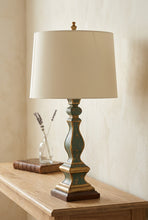 Load image into Gallery viewer, Wildwood Distressed Teal and Gold Painted Candlestick Table Lamp
