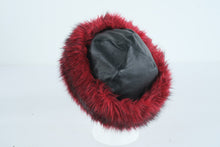 Load image into Gallery viewer, Wilson’s Genuine Leather Faux Fur Trim Winter Hat Black Leather Red Fur