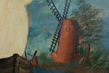 Load image into Gallery viewer, Antique Folk Art Oil Painting Sailboat Windmill Maritime Seascape 21 x 25