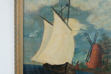 Load image into Gallery viewer, Antique Folk Art Oil Painting Sailboat Windmill Maritime Seascape 21 x 25